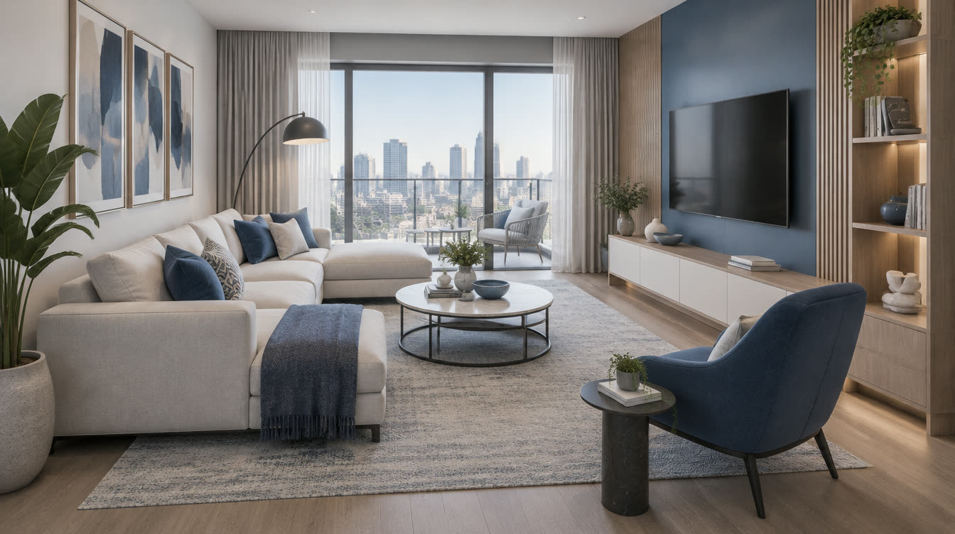 3D interior design render of a living room