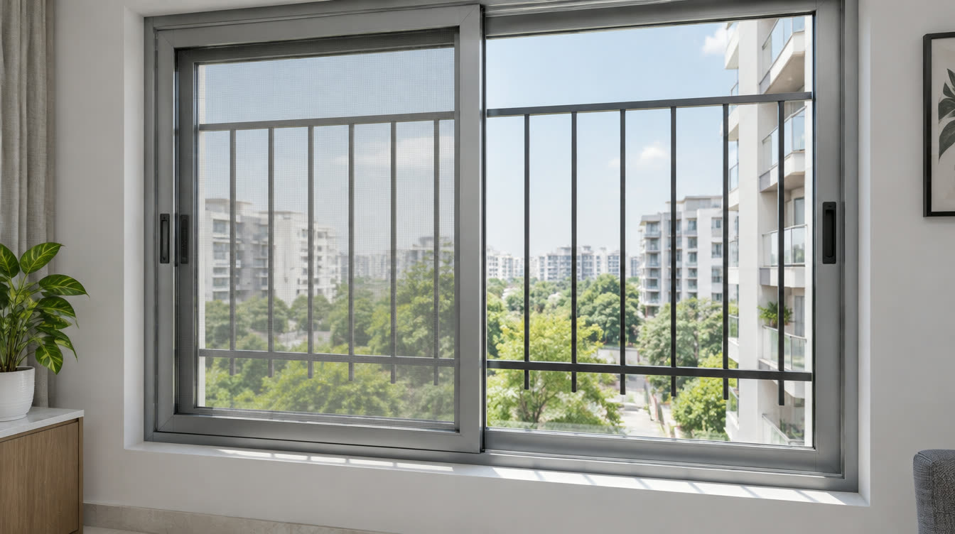 Aluminium sliding window with mesh and MS safety grill