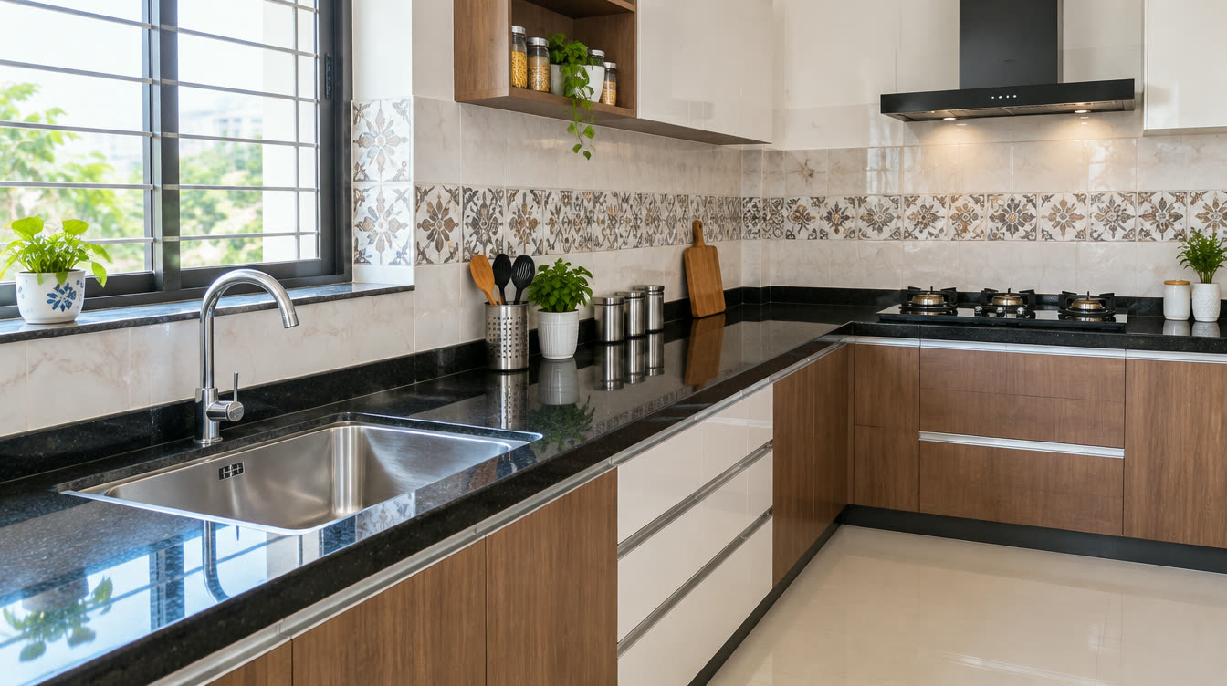 Granite kitchen platform with sink and dado tiles